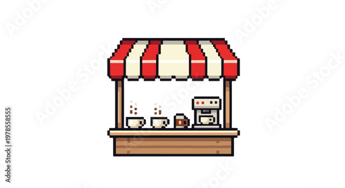This pixel art vector illustration depicts a charming coffee stall with a red and white striped awning, a coffee machine, and steaming mugs of coffee.