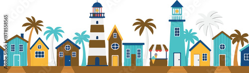 Seamless panorama with small beach houses, lighthouses, and palm trees, coastal town illustration.
