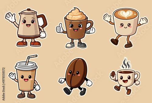Coffee cup mascot sticker character collection. Flat cartoon cafe drink vector illustration