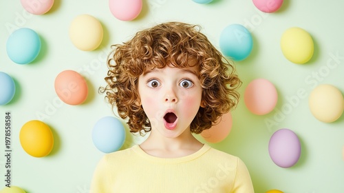 Surprised Little Girl with Curly Hair in Front of Colorful Easter Eggs on Wall