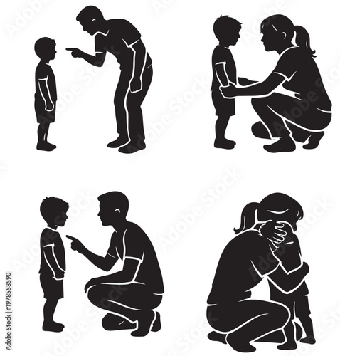 Adult and child interaction silhouettes with discipline reassurance and affectionate embrace