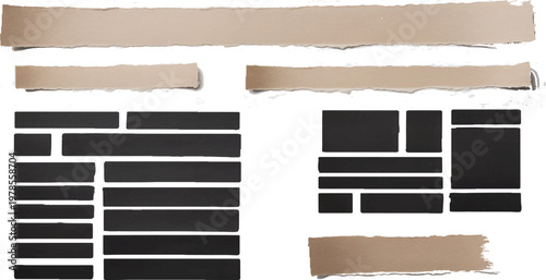 Torn Cardboard Paper Strips Set Isolated on Transparent Background, Ripped Brown Kraft Paper Edges, Grunge Texture Scrap Elements for Collage and Packaging Design