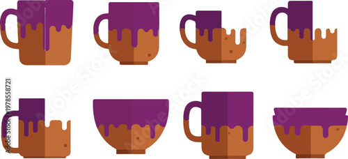 Set of eight abstract clay mugs with purple glaze drip effect, clean graphics isolated on transparent background, high quality vector illustration.