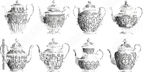 Set of eight antique silver teapots, vintage engraving style illustrations with ornate patterns and designs.