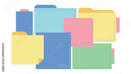 Organized Documentation: An assortment of colorful folders and sticky notes forms an organized array, symbolizing effective management and structured planning.