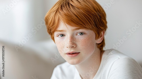 Young red-haired boy with freckles exhibiting a surprised expression in a close up shot