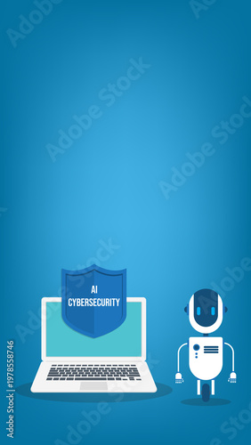 AI Cybersecurity Protection Concept with Laptop Shield and Robot Assistant Secure Data Technology