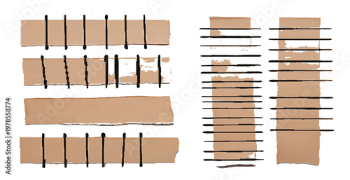 Torn Cardboard Paper Strips Set Isolated on Transparent Background, Ripped Brown Kraft Paper Edges, Grunge Texture Scrap Elements for Collage and Packaging Design