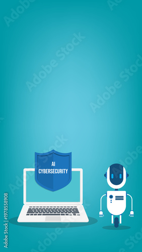 AI Cybersecurity Protection Concept with Laptop Shield and Robot Assistant Secure Data Technology