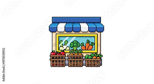 A charming pixel art vector illustration of a market storefront featuring fresh vegetables in crates and a vibrant display window.