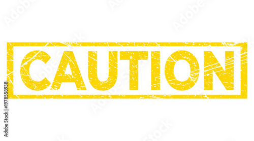Yellow caution stamp isolated on white background with distressed texture