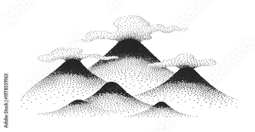 Abstract Stippled Mountain Landscape with Halftone Dots, Black Ink Pointillism Peaks and Gradient Terrain Isolated on Transparent Background, Minimal Japanese Style Nature Illustration