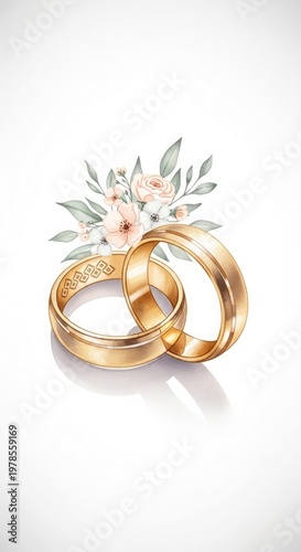 Gold wedding rings with floral bouquet on white background