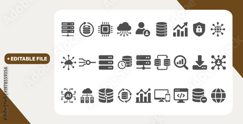 Data technology icon. Containing database, cloud technology, global internet connection, data center, computer. Solid vector icon set.