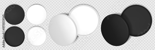 Top view round box with shadow. White inside package layout with open lid. Circle chocolate container for delivery illustration. Elegant fruit or sweet present presentation template set for shipping