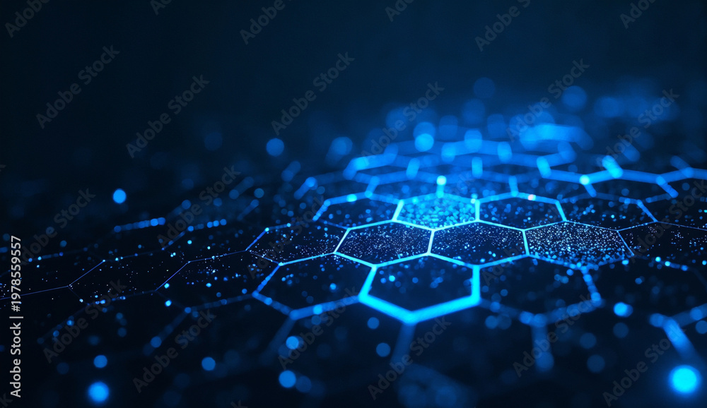 Obraz premium Blue tech background featuring circuit lines and hexagons with dark background