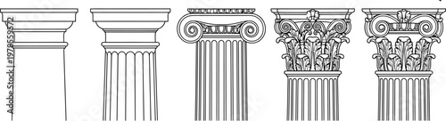 Collection of classical architectural column capitals in line art style