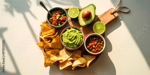 Nachos chips with guacamole and salsa photo, Mexican appetizer bowl snack with lime