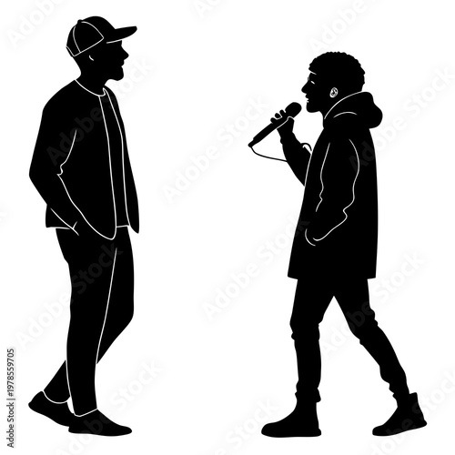 A vector graphic illustration of two men in silhouette, one wearing a baseball cap and the other holding a microphone, against a white background.