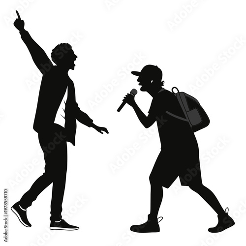 A vector graphic illustration of two silhouetted men rapping and dancing with microphones and backpacks