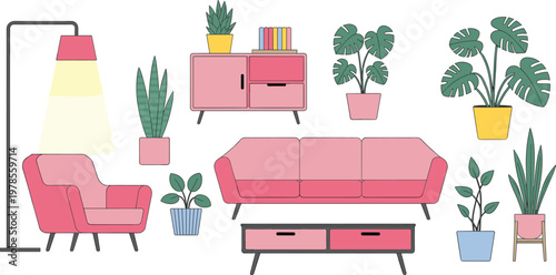 Modern living room furniture vector set with pink sofa armchair floor lamp and green potted house plants for interior design