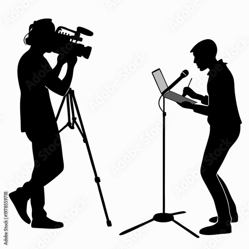 A vector graphic illustration of a cameraman and a news anchor in silhouette, representing a news broadcast setup.