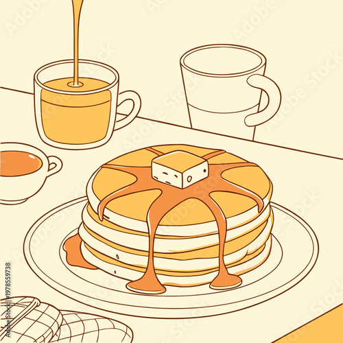 A vector graphic illustration of a stack of pancakes with syrup and butter on a plate with coffee cups