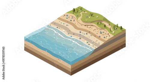 Cross-section coastal landscape reveals detailed layers of sand soil and rocky terrain with a gentle ocean wave meeting the shore in isometric view.