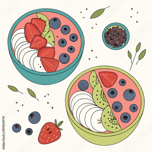 A vibrant illustration of two colorful bowls filled with fruit and chia seeds
