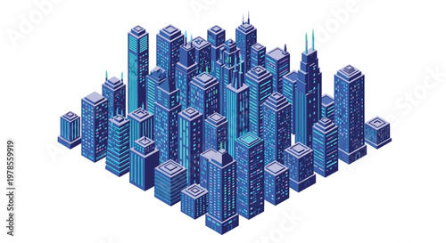 Dense isometric city skyline features tall modern skyscrapers with glowing blue windows and cyan architectural accents set against a clean backdrop.
