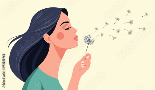 Beautiful young woman with closed eyes and flowing hair blowing dandelion seeds. Illustration.