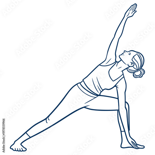 A woman in a yoga pose, stretching her arm and leg in a serene and peaceful motion.