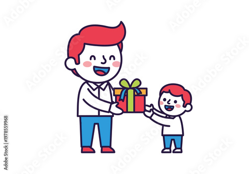Father giving gift to little boy.