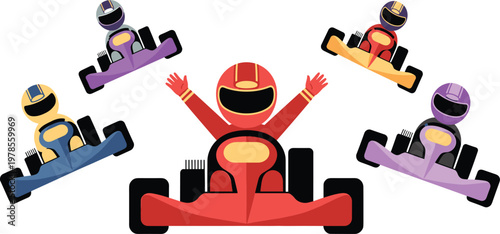 Flat vector illustration of a professional go kart racing competition with a winner celebrating victory on the track, speed