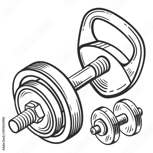 A black and white illustration of dumbbells and a kettlebell for fitness and exercise