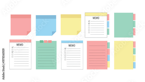 Colorful Note Collection: A collection of various colorful memo notes, capturing diversity of shapes, sizes, and layouts, ready for jotting down important reminders and ideas.