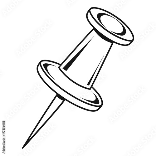 A simple black and white illustration of a push pin on a plain background