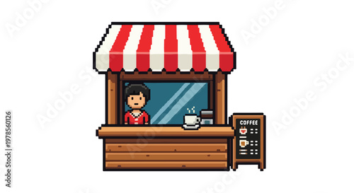 A charming pixel art illustration of a wooden coffee kiosk with a red and white striped awning, featuring a barista, menu board, and hot coffee cup.