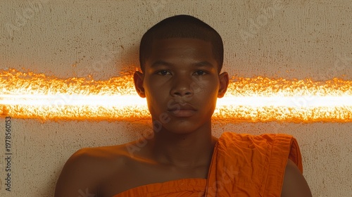 Young Monk in Southeast Asian Temple with Warm Light Background