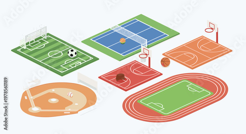 Diverse isometric sports venues including a running track and baseball field with basketball courts displayed on a clean and bright neutral background.