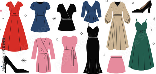 Flat vector illustration set of elegant women fashion dresses skirts and high heel shoes for formal evening wear