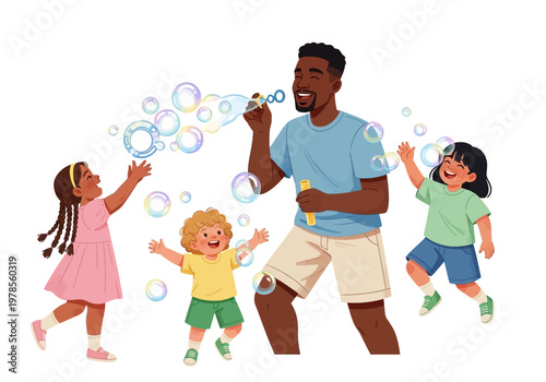 Man blowing bubbles for happy kids.