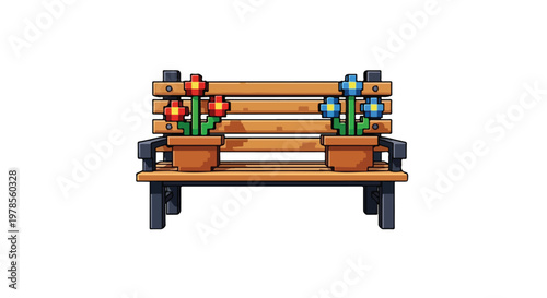 Pixel art vector illustration of a wooden park bench adorned with two flower pots containing red and blue blossoms against a white background.