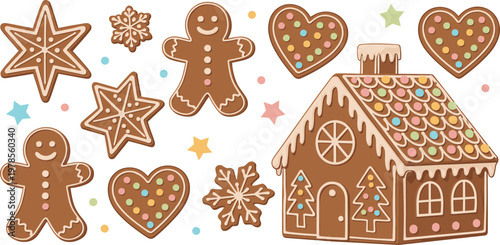 Christmas gingerbread cookies set with house man heart star and snowflake shapes flat vector illustration on white background