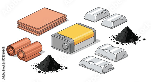 Rectangular battery unit centered among stacked copper sheets and metallic silver ingots with piles of dark carbon powder on a clean white background.