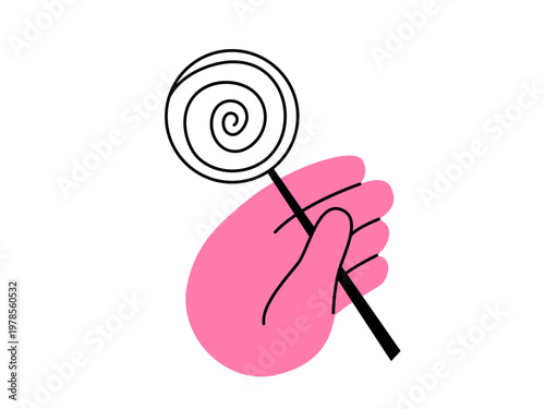 Pink hand vector holding a spiral lollipop candy. Flat cartoon illustration of a hand gesture offering a sweet treat, isolated on white background. Symbol of childhood, happiness and dessert
