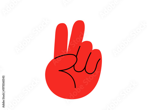 Hand peace victory sign vector. Cartoon illustration of two fingers raised in a V shape. Minimalist red hand gesture isolated on a white background. Positive symbol