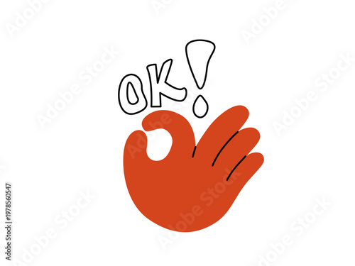 Okay gesture hand vector illustration showing perfect approval with ok text and exclamation mark. Isolated flat cartoon ok sign symbol on white background for positive communication
