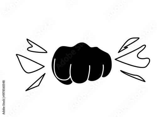 Fist hand vector punching broken glass with shatter effect. Powerful strike symbol, protest gesture, aggressive smash, and force icon. Flat black and white cartoon illustration isolated on white