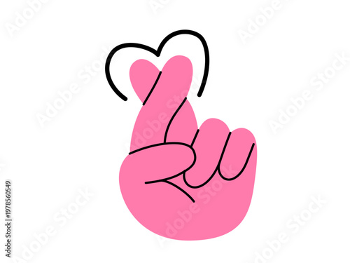 Finger heart hand gesture vector illustration. Minimalist pink k-pop love sign with black heart line. Isolated on white background for social media, stickers and valentines day design